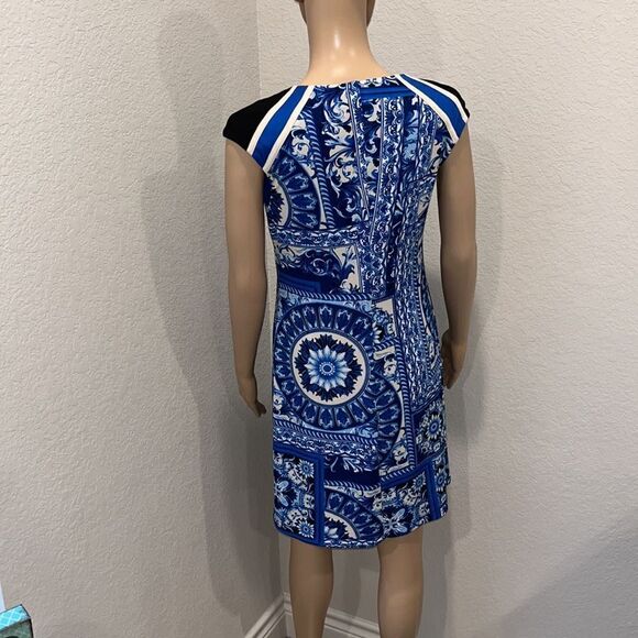 Vintage Muse blue floral geometric pattern dress, fully lined - Picture 3 of 6